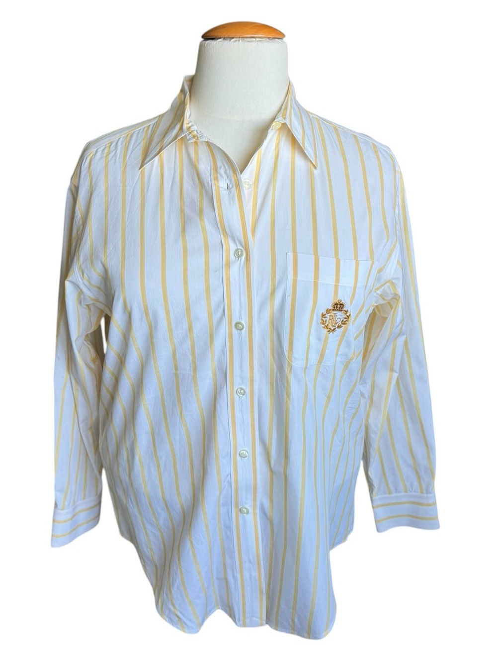 Lauren Ralph Lauren Size 16 Yellow White Stripe Crest Button Down Shirt Preppy